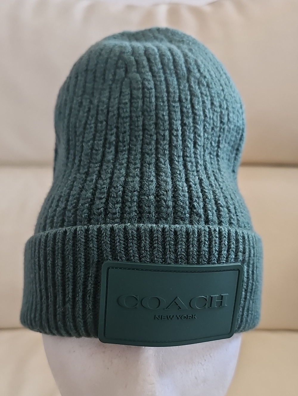 Coach Ribbed Knit Beanie in Teal Green